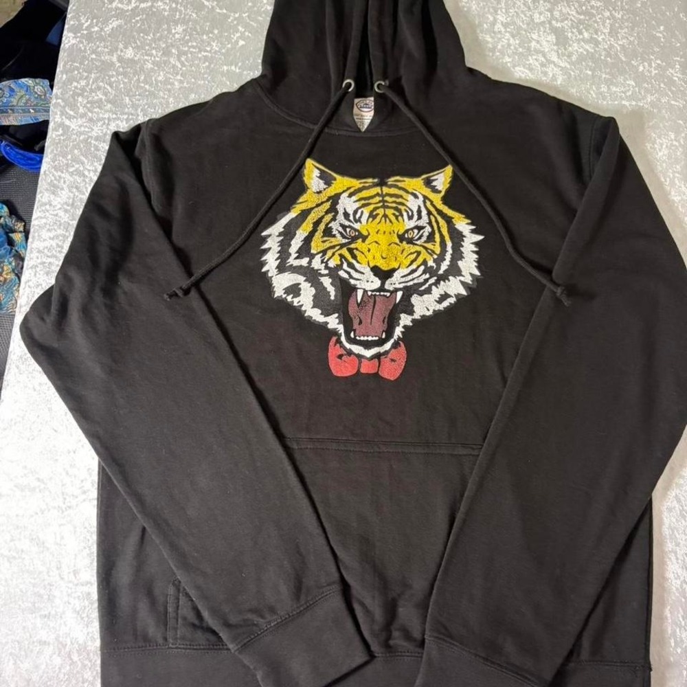 Y2K Black Delta Fleece hoodie with yellow tiger graphic